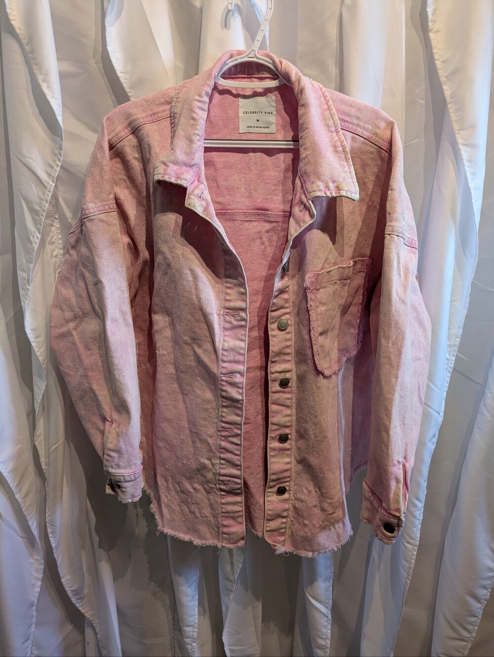 D4 Celebrity Pink Distressed Pink Denim Shacket Jacket - Women's Size Medium Raw